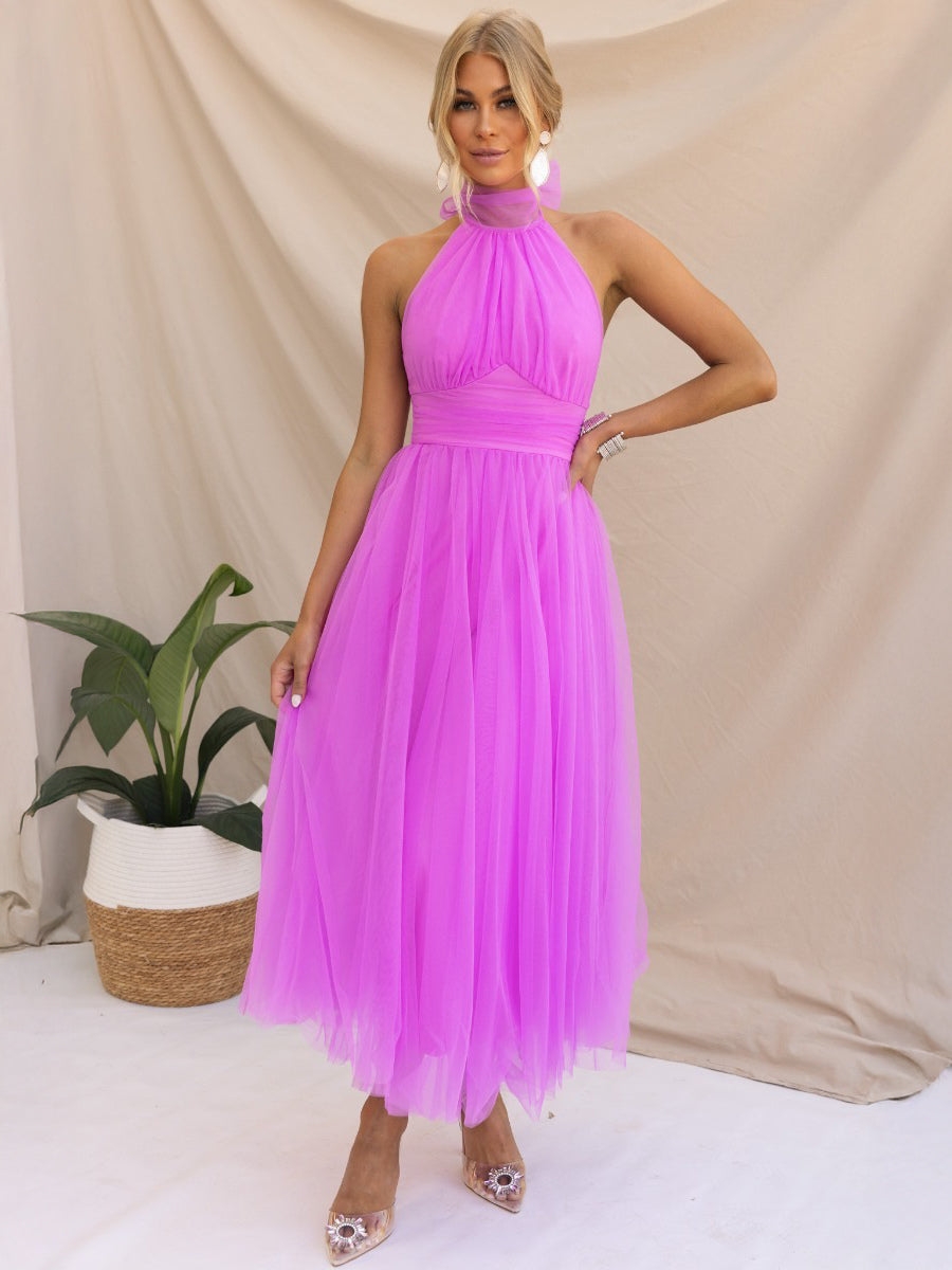 Tulle Midi Dress Halter Pleated Empire Waist Open Back Elegant Prom Dresses