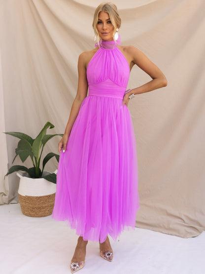 Tulle Midi Dress Halter Pleated Empire Waist Open Back Elegant Prom Dresses
