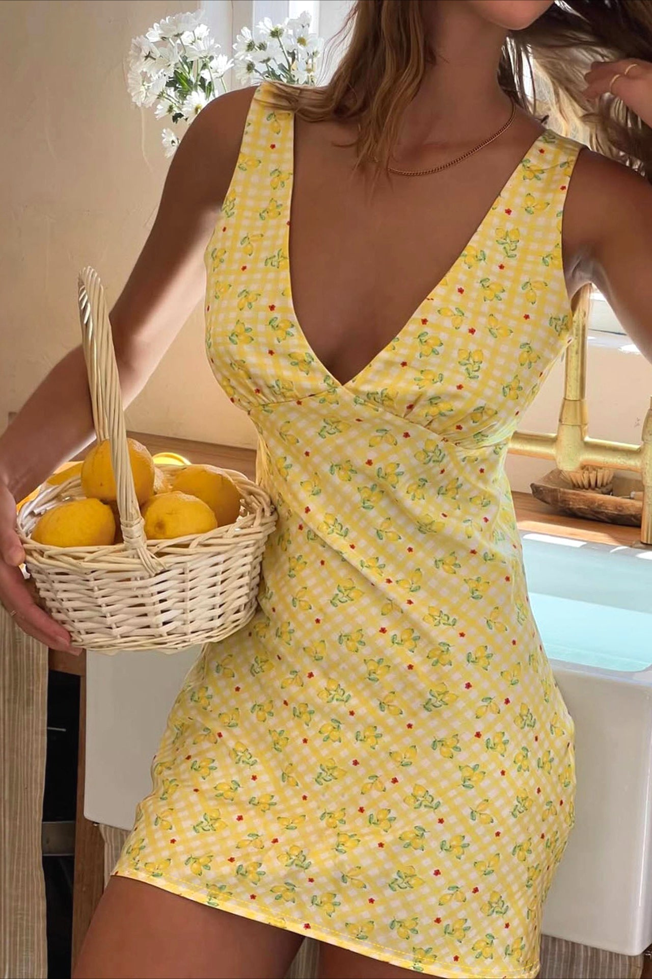 Gingham Check Fruit Print Surplice V-Neck Tank Strap Bodycon Mini Dress