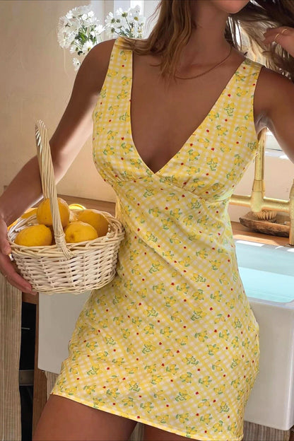 Gingham Check Fruit Print Surplice V-Neck Tank Strap Bodycon Mini Dress