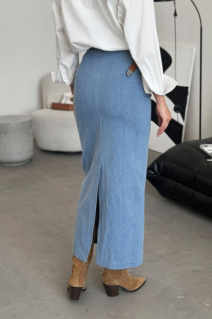 Blue Denim Bodycon Split Skirt