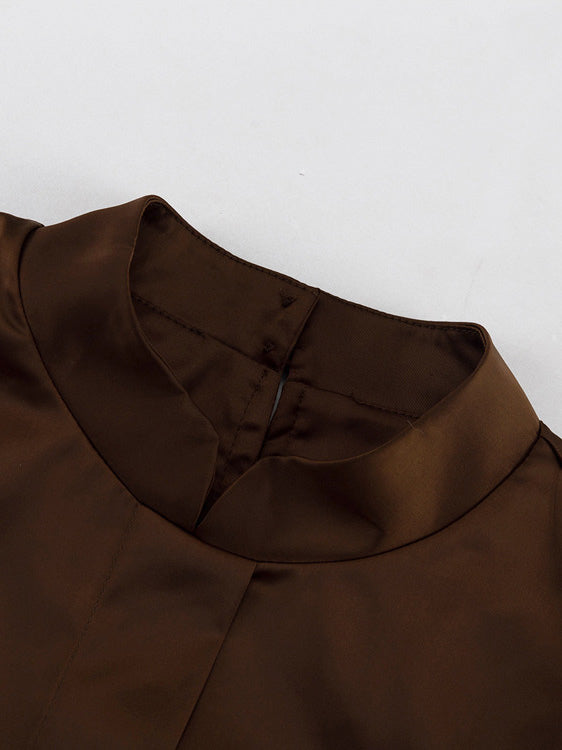 Brown Satin Mini Shirt Dress With High Neck And Lantern Sleeve For Women 2026
