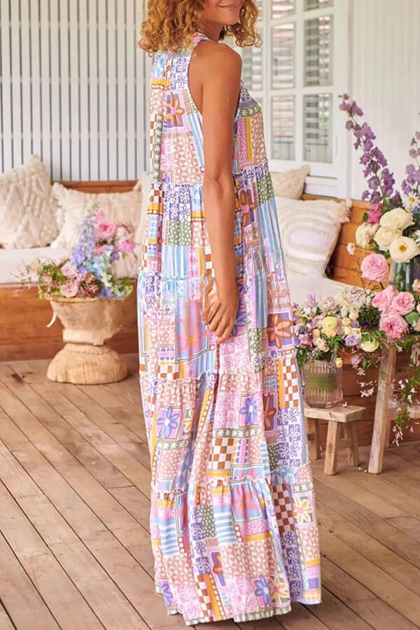 Flower Puzzle Round Neck Long Dress