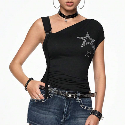 Irregular beaded star pattern ruched top