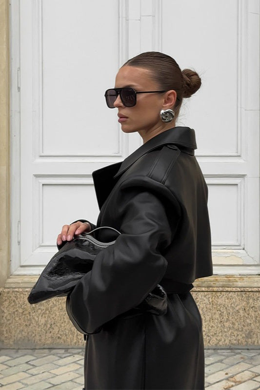 Knee-Length Heavy-Detail Faux Leather Overcoat