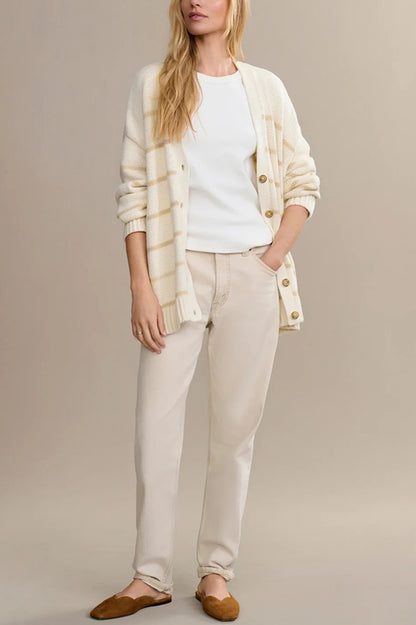 Striped Loose V-neck Long-sleeved Casual Knit Cardigan