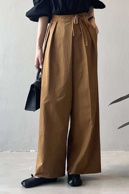 Asymmetrical Placket Tie Relaxed High Waist Long Pants