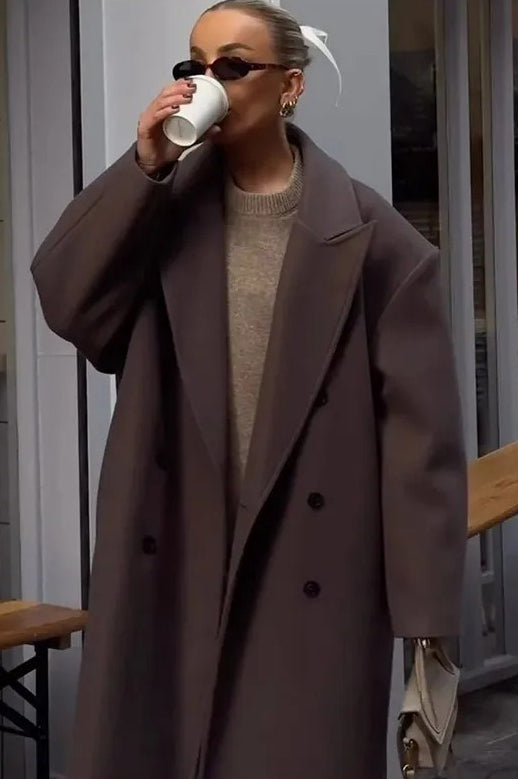 Elegant Casual Solid Color Double-Breasted Long Overcoat