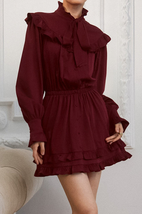 Bow Tie Ruffle Neck Long Sleeve Button Front Ruffled Hem Mini Dress