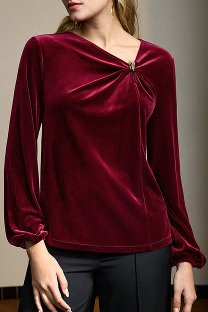 Fashionable Velvet Pleated Long-sleeved Knotted Casual Top