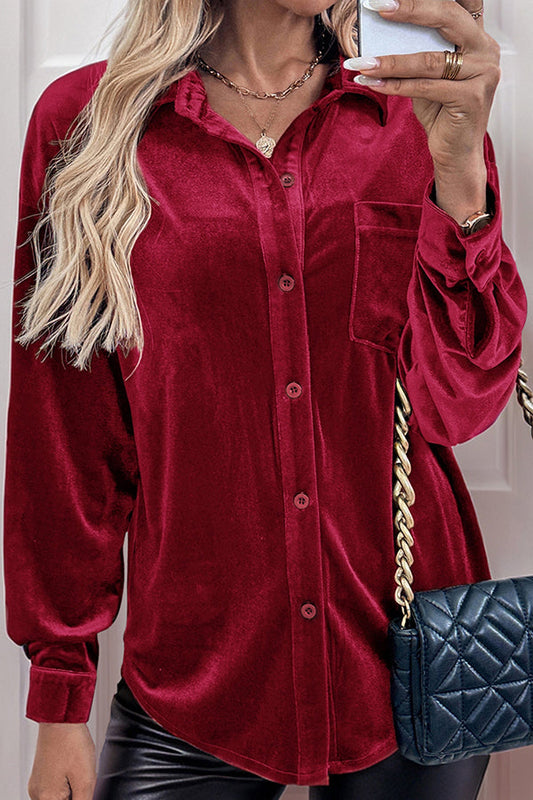 Solid Color Velvet Casual Lapel Pocket Loose Shirt