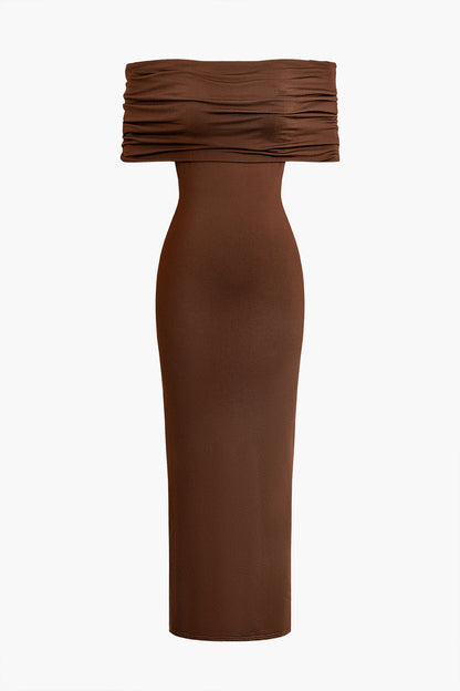 Brown Twisted Backless Off Shoulder Maxi Dress