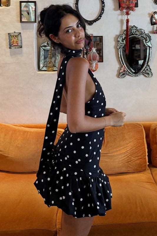 Polka Dot One Shoulder Scarf Neck Ruffled Hem Mini Dress