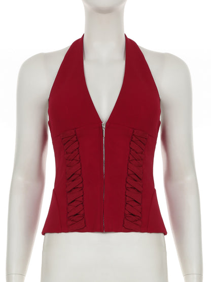 Halterneck Corset Top With Zipper And Back Lace-up Detail For Night Club 2026