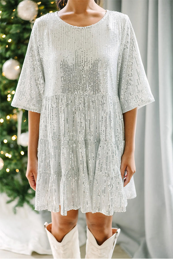 Silvery Party Sequin Half Sleeve Round Neck Mini Dress