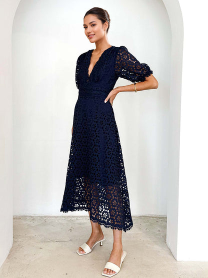 Lace Dress V-neck Puff Sleeve A-line Midi Dress For Women 2026