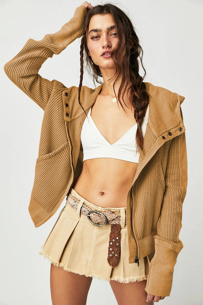 Quilted Panel Zip Up Cropped Hoodie