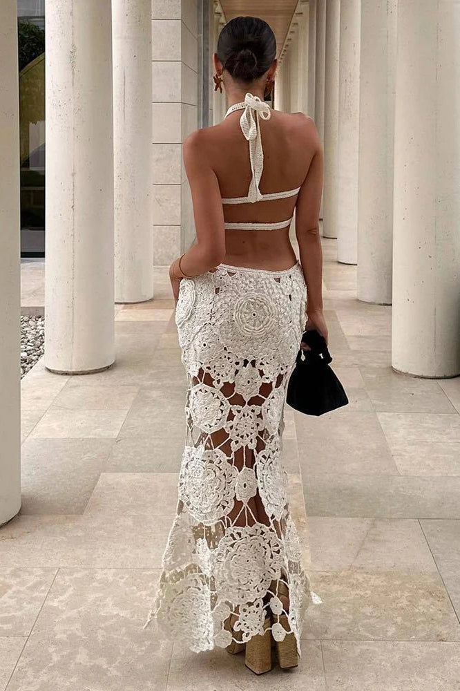 Crochet Halter Neck Waist Cut Out Floral Openwork Scalloped Hem Maxi Dress