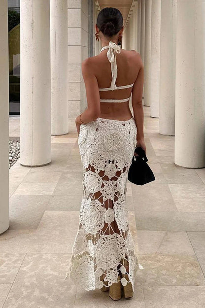 Crochet Halter Neck Waist Cut Out Floral Openwork Scalloped Hem Maxi Dress