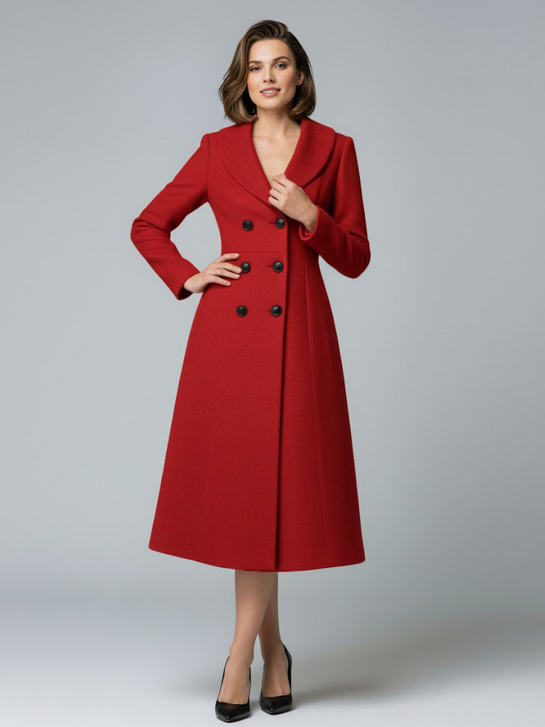 Woolen Double-Breasted A-line Midi Coat With Shawl Collar For Women 2026