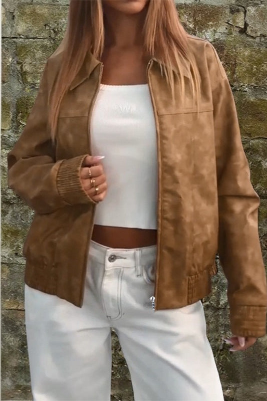 Brown Print Stand Collar Jacket