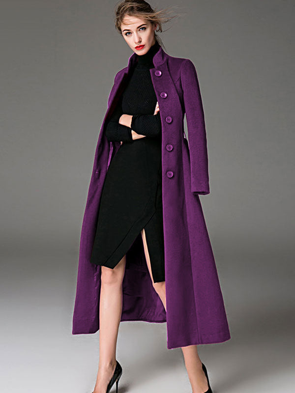 Wool Blend Coat Burgundy Belted Stand Collar Slim Fit Winter Outerwear For Women In Solid Color 2026