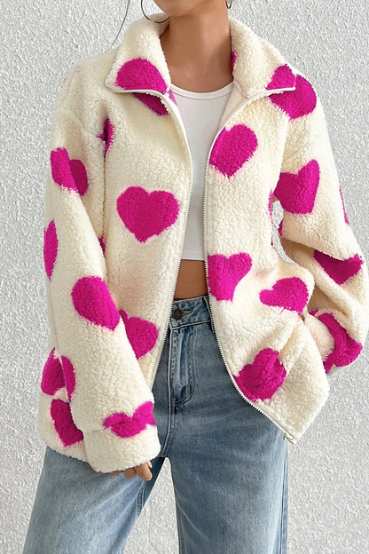 Fuzzy Heart Print Oversized Long Sleeve Zip Coat