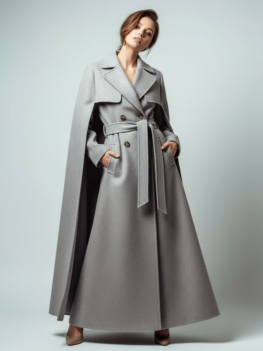 Maxi Double-breasted Woolen Coat With Detachable Cape And Belt For Women 2026