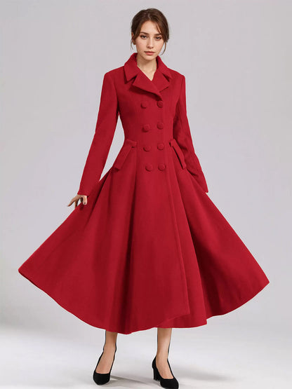 Wool Blend Flared Coat For Women Dark Navy Double-breasted Wide Lapel A-line Winter Outerwear 2026