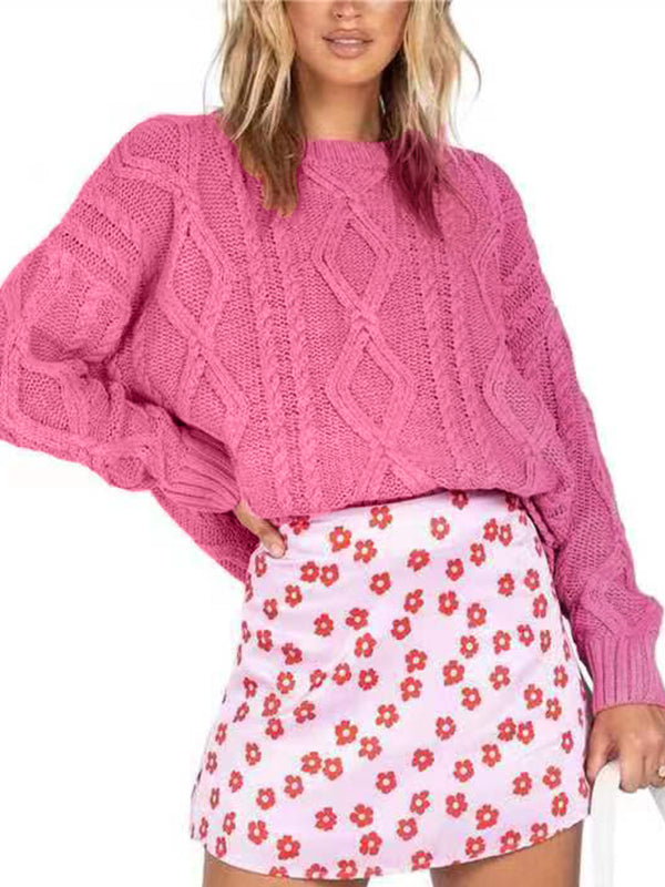 Solid Crew Neck Cable Knit Sweater