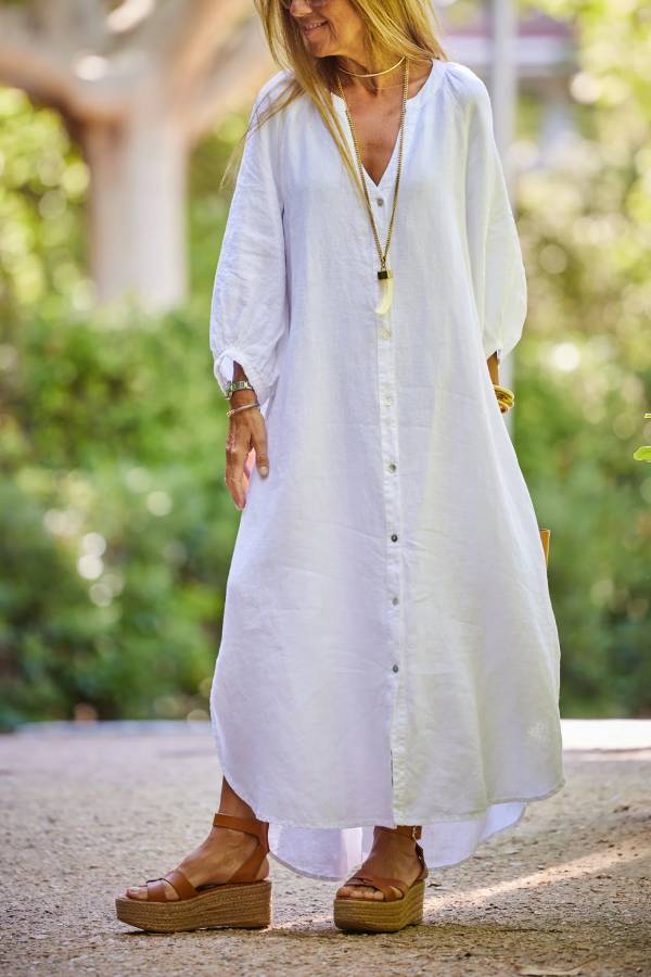 Solid Linen Blend Casual V Neck Balloon Sleeve Maxi Dress