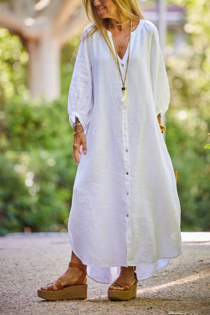Solid Linen Blend Casual V Neck Balloon Sleeve Maxi Dress