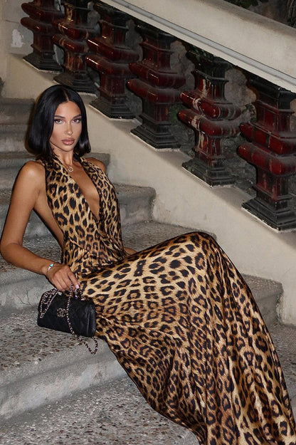 Sexy V Neck Leopard Tie Back Maxi Dress