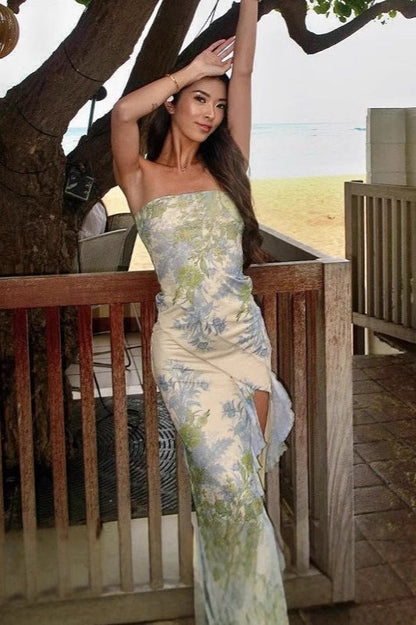 Oil Painting Print Strapless Bodycon Waist-Cinched Split Maxi Dress
