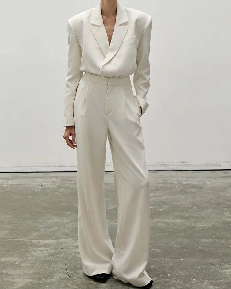 Beige Lapel Simple Trousers Office Two Piece Set