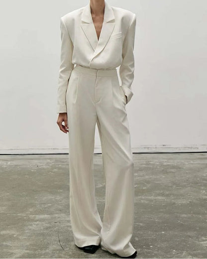 Beige Lapel Simple Trousers Office Two Piece Set
