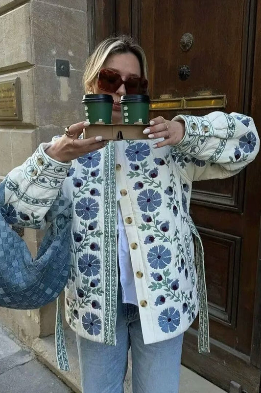 Floral Print Tie Waist Cotton Puffer Coat