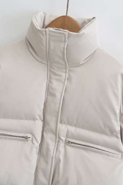 Stand Collar Pocket Zipper Short Cotton Coat