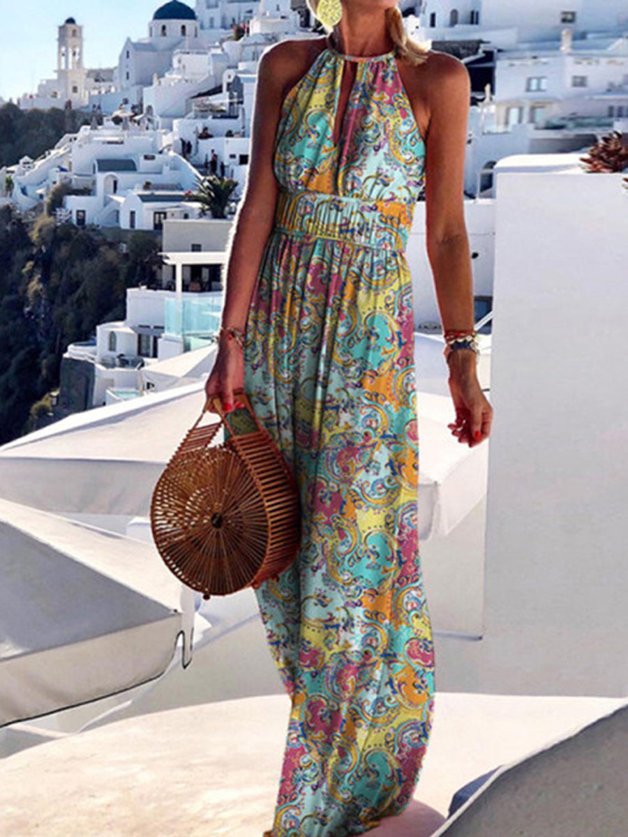 Round Neck Drawstring Print Dress