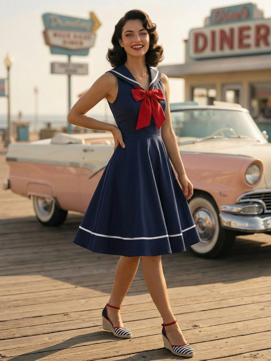 Sailor Collar Bow Knot Sleeveless Retro Swing A-Line Dress For Women 2026