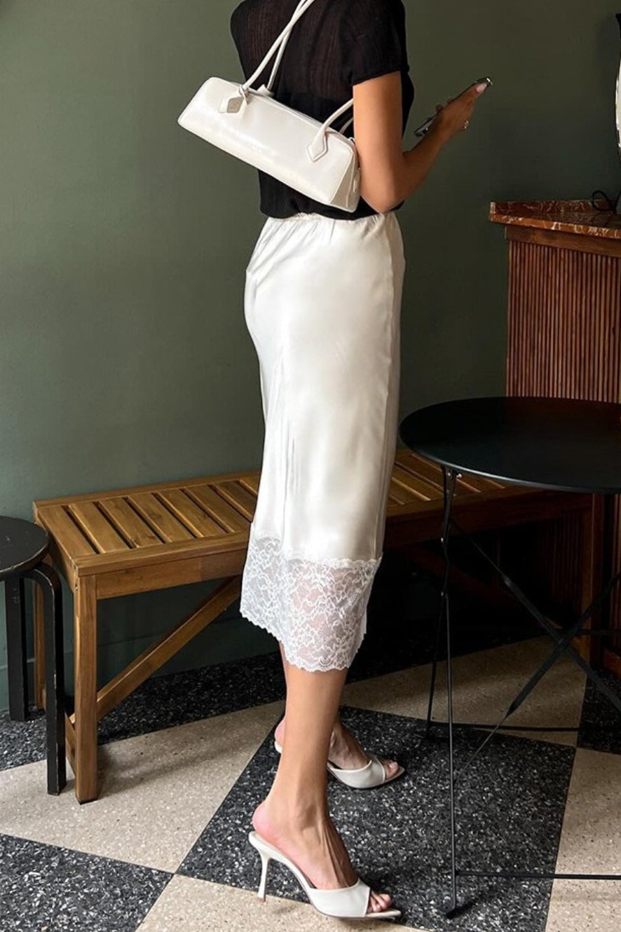 Solid Satin Lace Trim Bodycon Skirt