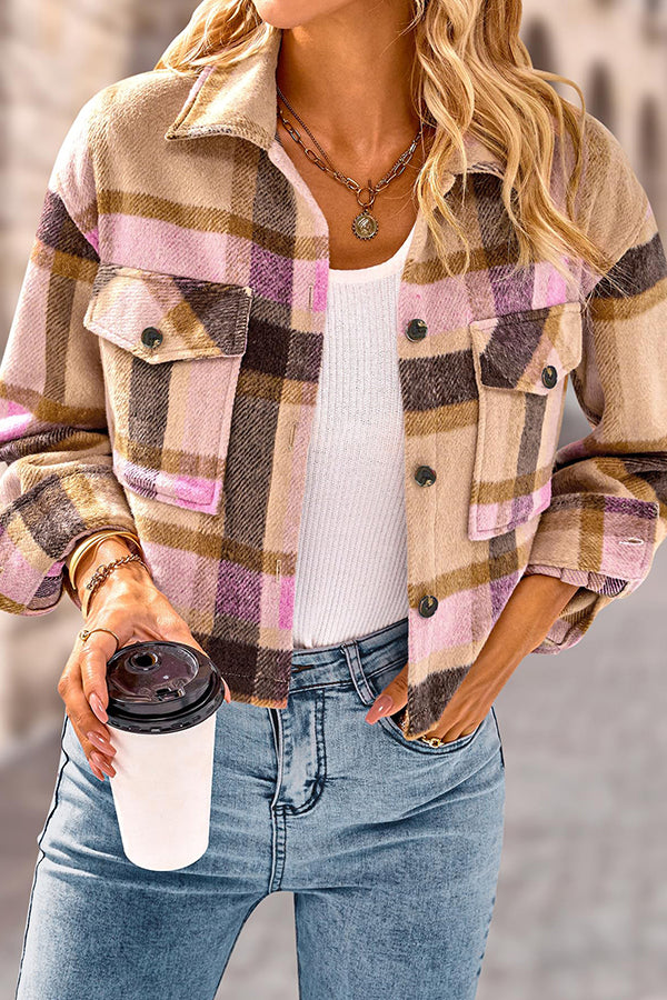 Lapel Pocket Fashion Casual Cropped Ladies Plaid Jacket