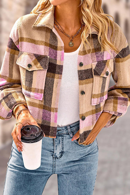 Lapel Pocket Fashion Casual Cropped Ladies Plaid Jacket
