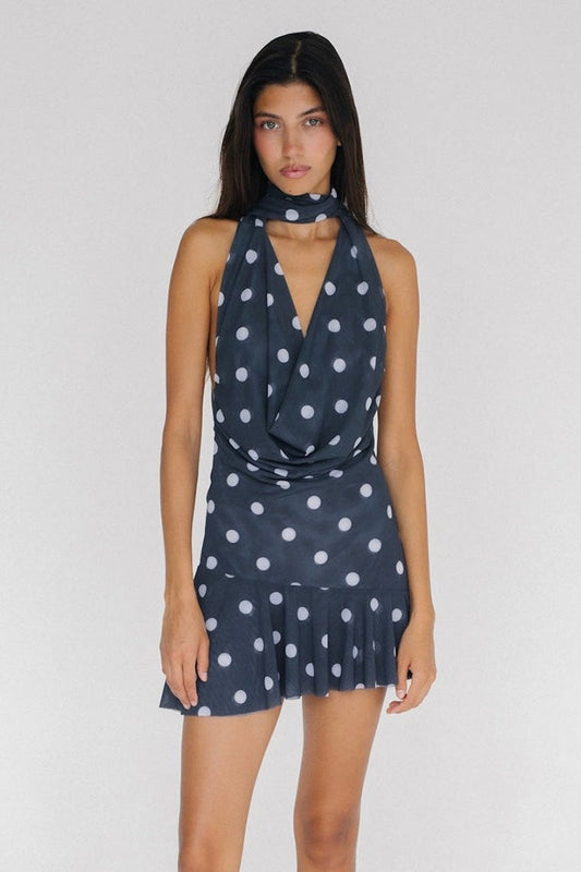 Polka Dot Mesh Deep V Mini Dress