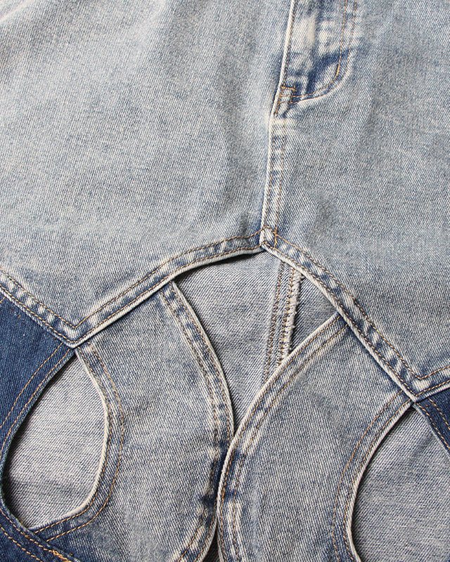 Spliced Hollow Casual Mid-Length Denim Skirt