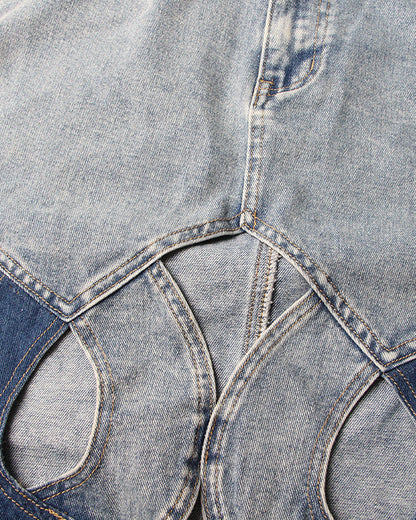Spliced Hollow Casual Mid-Length Denim Skirt