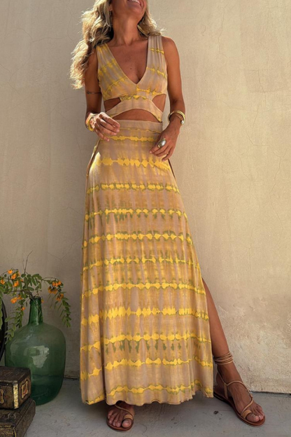 Yellow Ripple V-neck Slit Navel-exposed Long Suspender Dress