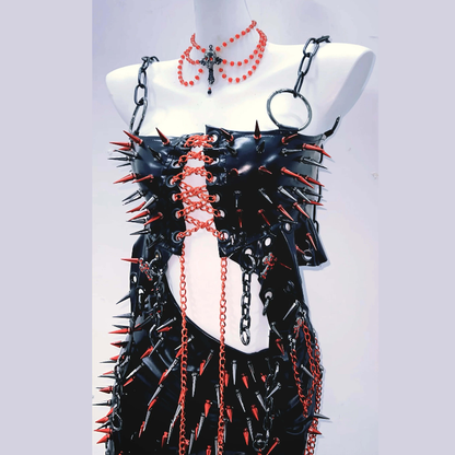 Metal chain lace up o ring rivet applique slit mini skirt set