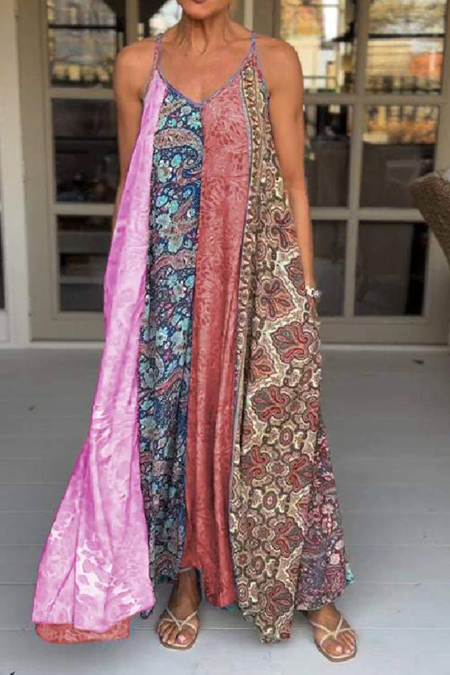 Unique Printed Loose Holiday Strap Big Hem Maxi Dress