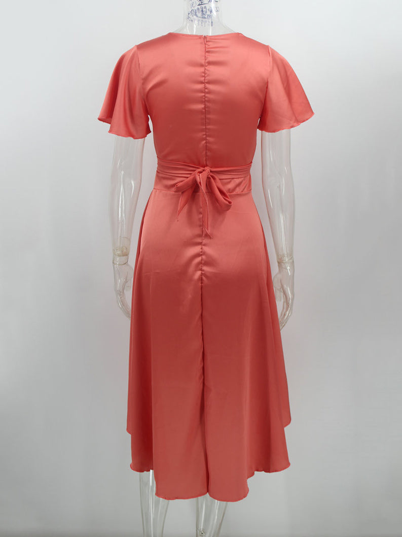 Short Sleeves Midi Dresses V-Neck Knotted High Low Design